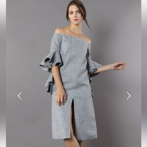 CHICWISH CLASSY GREY TWILL DRESS‎ WITH FRILLING SLEEVES SMALL NWT